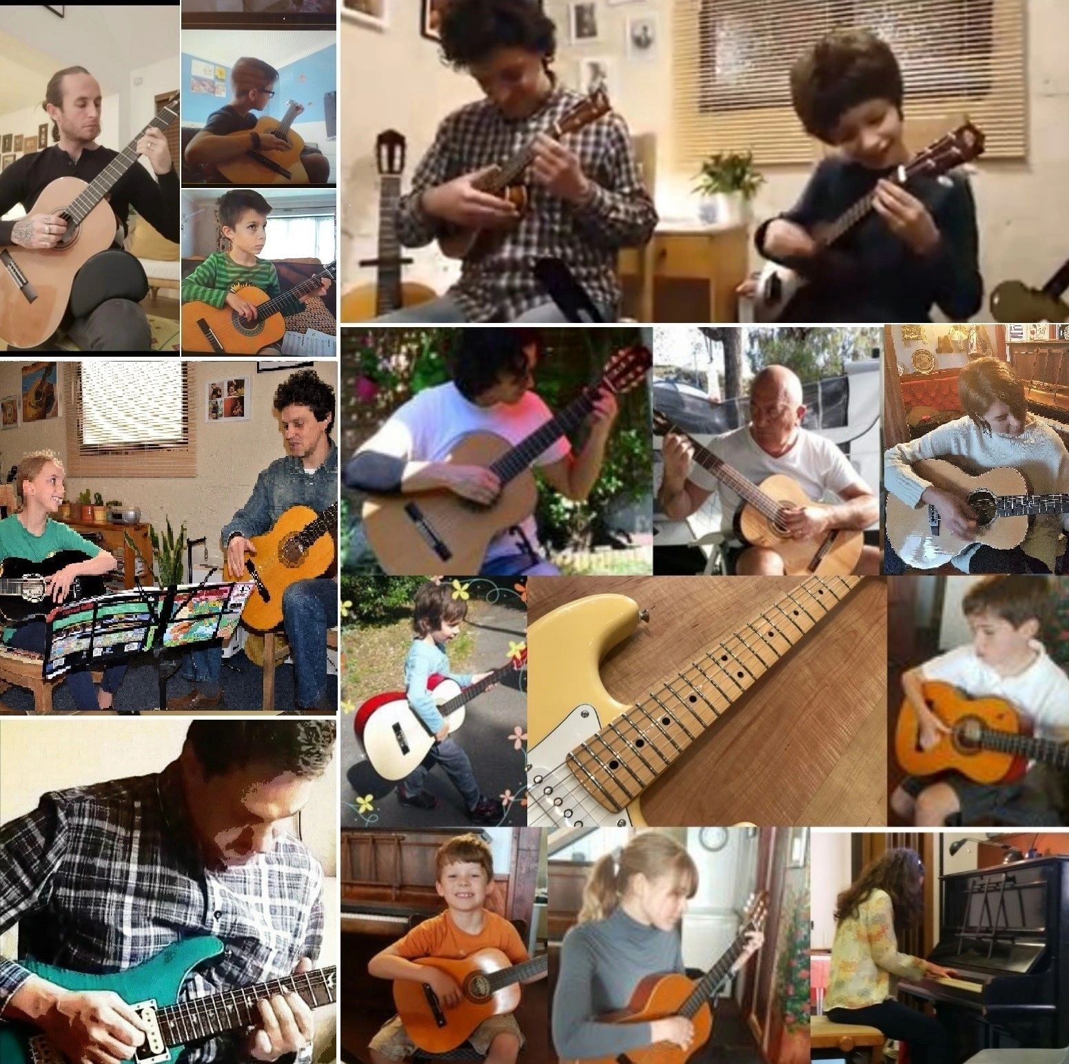 Collage showing Martin teaching guitar students in his studio